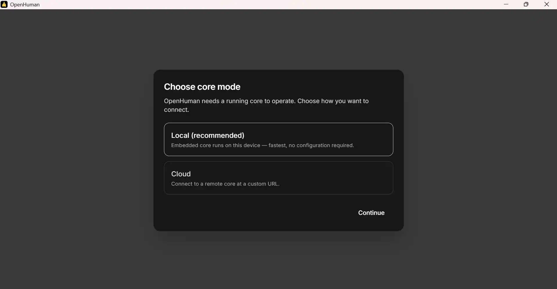OpenHuman Setup choose users dialog with Install button