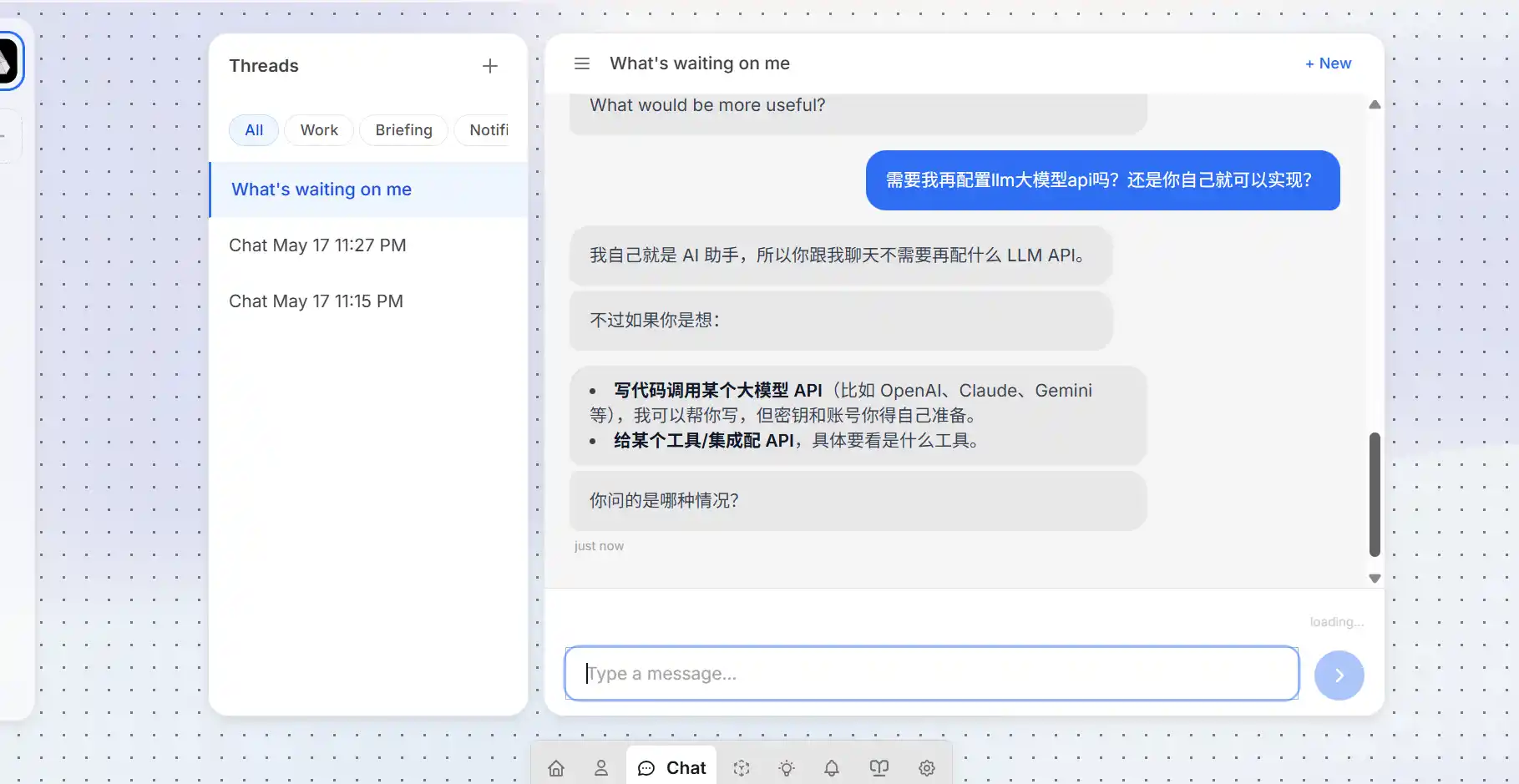 OpenHuman desktop chat with thread list and message composer